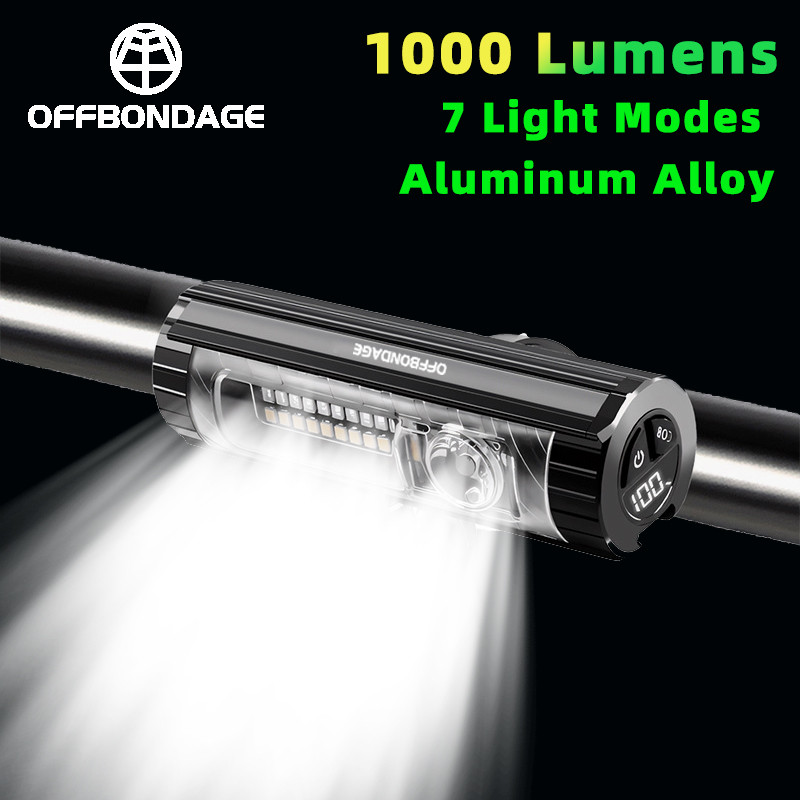 OFFBONDAGE Lampu Sepeda Depan 1000 Lumen Lampu Sepeda Tahan Air Senter Pengisian Daya USB Lampu Bers