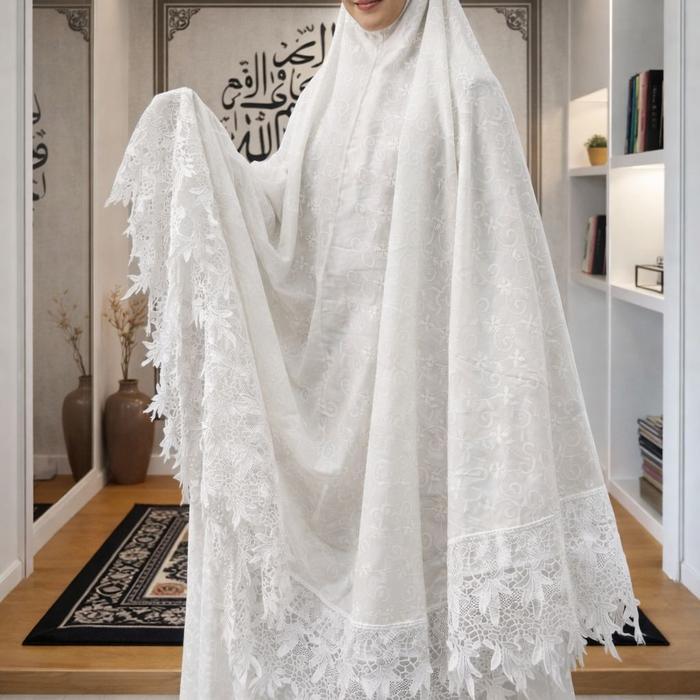 Mukena Jumbo Dewasa Katun Paris Renda, Mukena Katun Jumbo Putih - Renda Putih