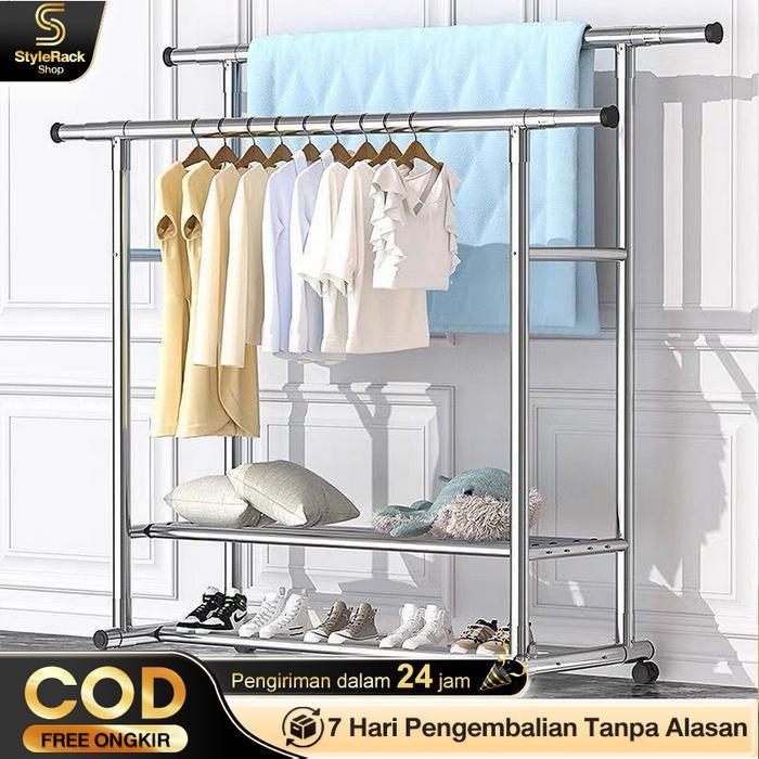 Rak Gantungan Baju Berdiri Stainless Steel Tebal Jemuran Baju Stainless Jemuran Baju Dobel Pool Roda