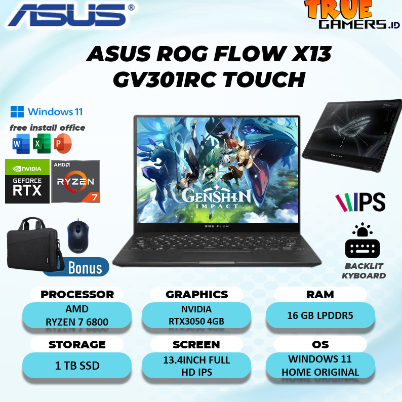 Laptop Asus ROG FLOW X13 GV301RC TOUCH RTX3050 4GB/ RYZEN 7 6800 16GB 1TBSSD W11 13.4FHD IPS