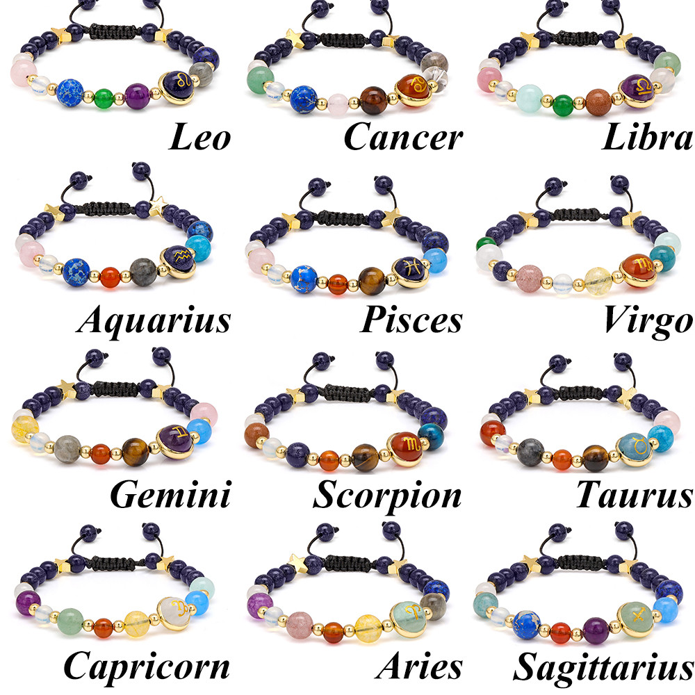 12 Constellation Zoac Sign Bracelet Natural akra Agates Gem Braided Bracelet Virgo Leo Pisces Taurus