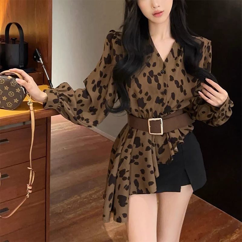 Kemeja lengan panjang motif macan tutul sabuk atas baru wanita