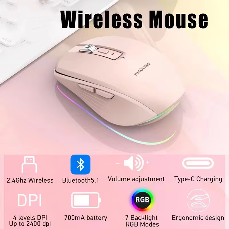 Dual Mode Reargeable Bluetooth 2.4G Wireless Mouse RGB Mute Mouse For Windows Mac IOS Android Laptop
