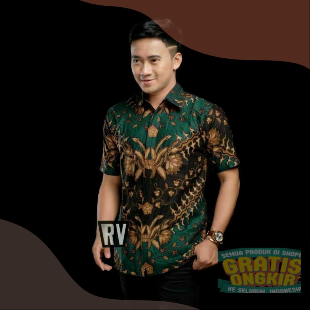 Batik Kemeja Pria Lengan Pendek Batik Reguler Modern Motif Liris Hijau Botol Batik Casualpakaian pri