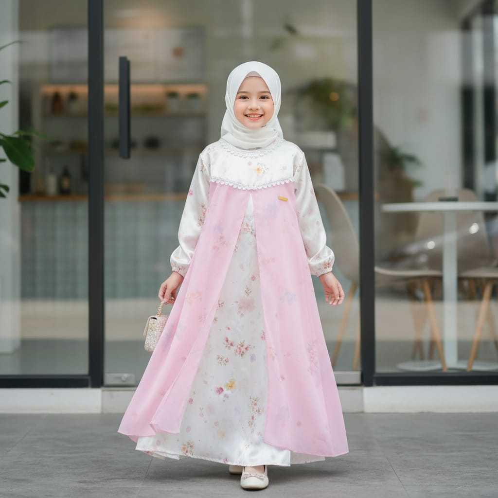 Gamis Anak Perempuan Terbaru Motif Bunga Bahan DiorSilk Mix Baby Dool Cocok Untuk Semua Acara Tersed