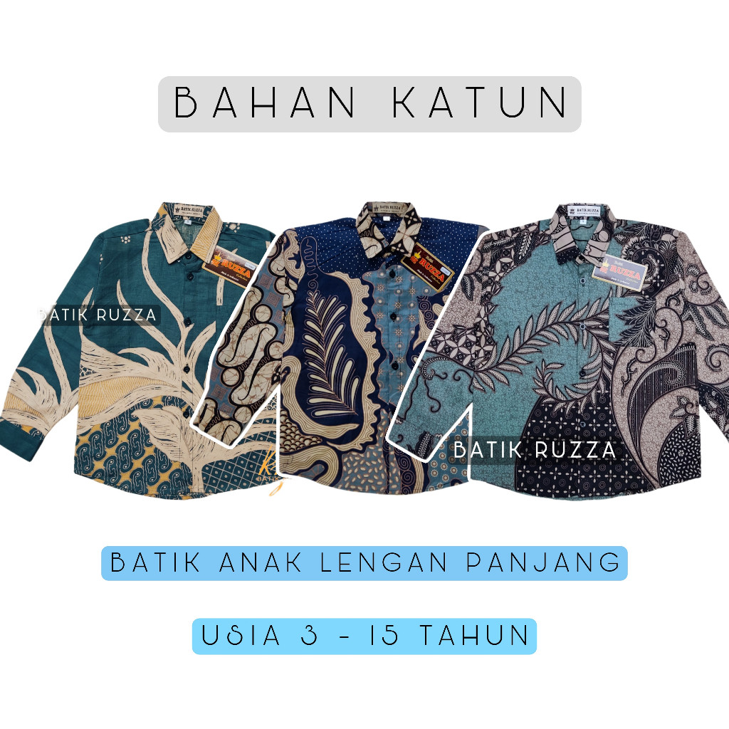 RUZZA Batik Anak Ukuran 3-15 Tahun Kemeja Lengan Panjang Motif Seno Semesta Sage Cappucino Baju Laki
