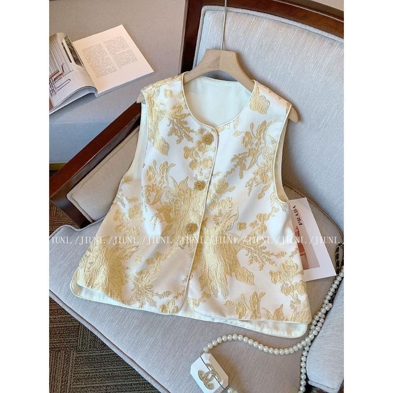 Atasan rompi wanita Rompi Pendek Jacquard Bordir Emas