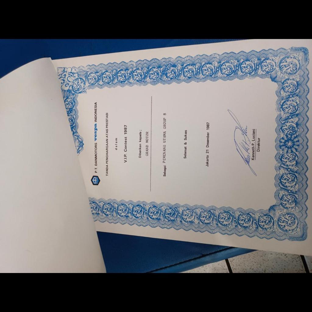surat tanda pemenang VIP Contest Vespa PT danmotor ori deler