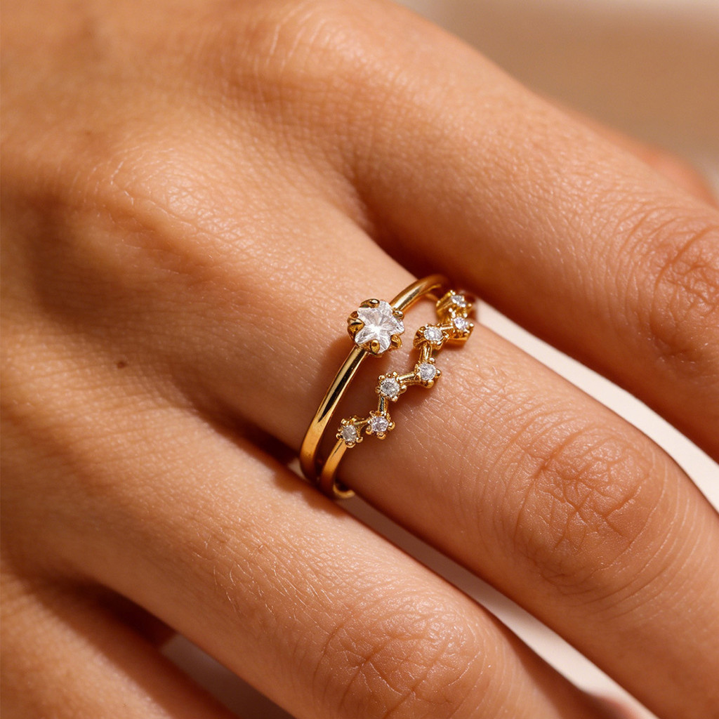 Cincin Bintang Ganda Cincin Wanita Microencrusted Zircon Pentagram Cincin Jari Indeks Terbuka