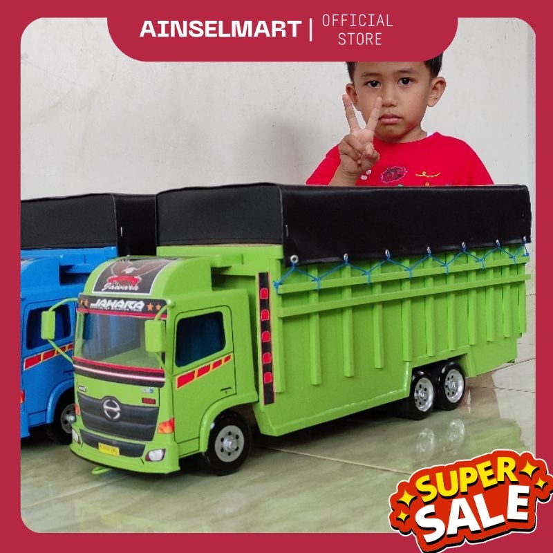 Real pict Miniatur mobil truk oleng kayu tronton hino 500 mobilan mainan anak laki laki Panjang 58cm