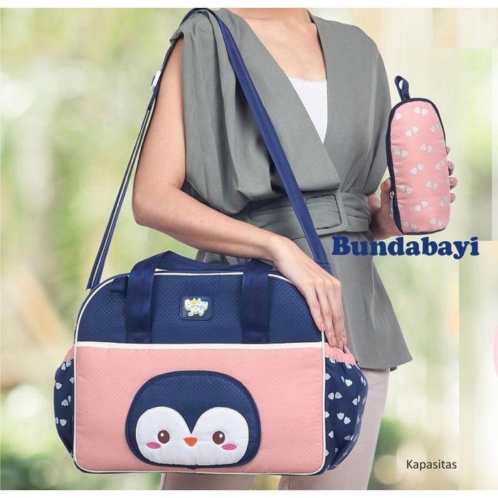 Tas Bayi Besar Baby Joy plus Tempat Botol Susu Portable Pinguin Series - Navy-Pink Paste
