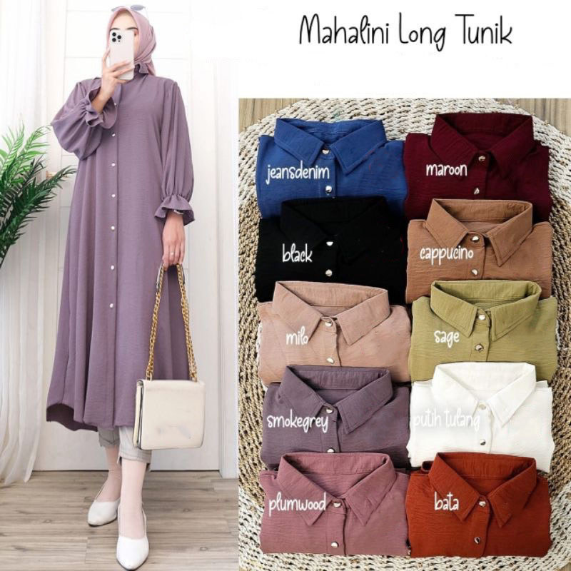 Mahalini Long Tunik Wanita Bahan Crinkle