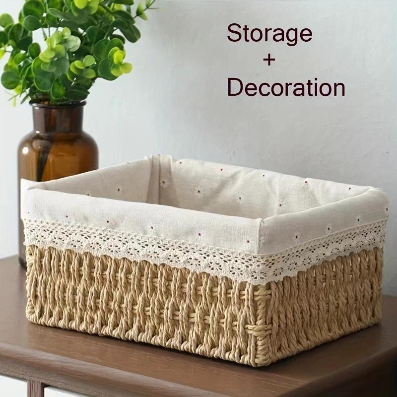 1pc Handmade Rattan Storage Basket, Desktop Rattan Storage Basket With Removable Lace Lining, Suitab