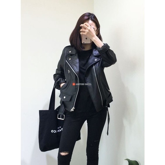 JNK x RMS - Jaket Kulit Wanita Ramones Changcuters Korea Blazer Style Punk Women Shirt Black Bahan S