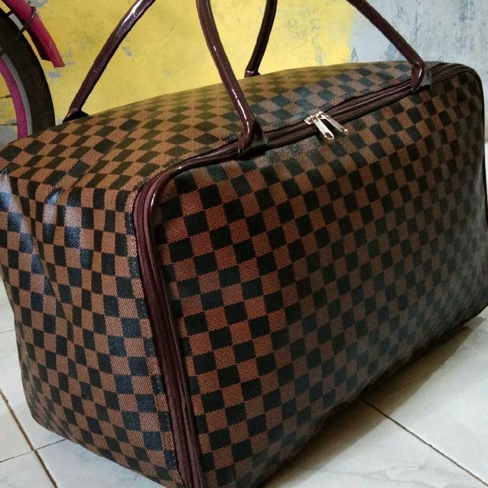 Travel Bag Jumbo catur coklat  Wanita Kulit PU Tas Lipat Kanvas Duffel/Weekender Mudik Bisa Cod Tas 