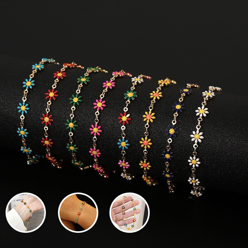 Gelang Rantai Stainless Steel Lapis Emas Motif Matahari & Aster Warna-Warni