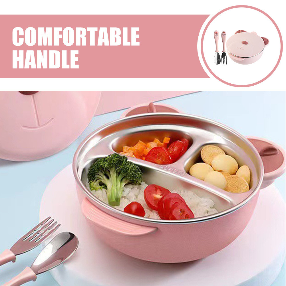 1Set Baby Serving Bowl Stainless Steel Infant Toddler Feeding Bowl Suction Plates Heat Insulation Ke