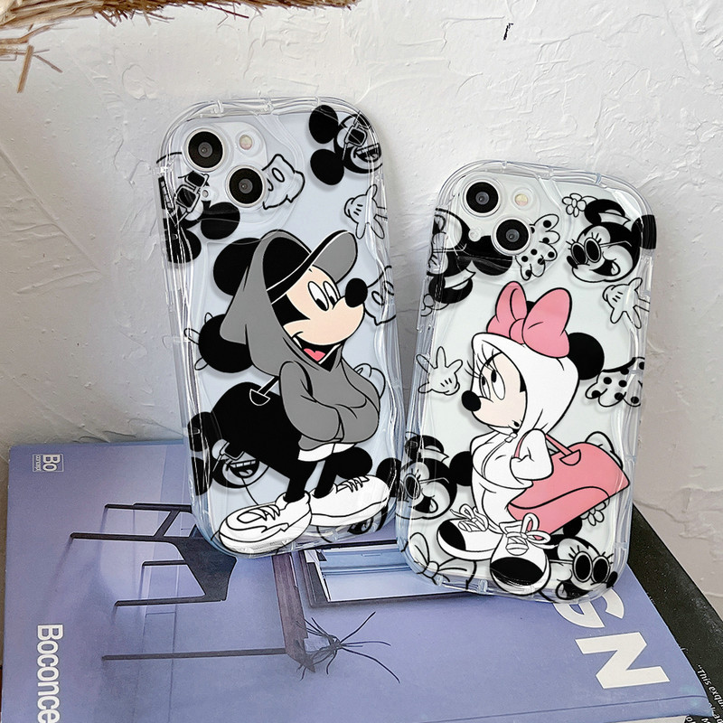 Transparan Gelombang Casing Motif Pasangan Mickey Untuk iPhone 15 14 13 12 11 Pro X XR Xs Max 6 6s 7