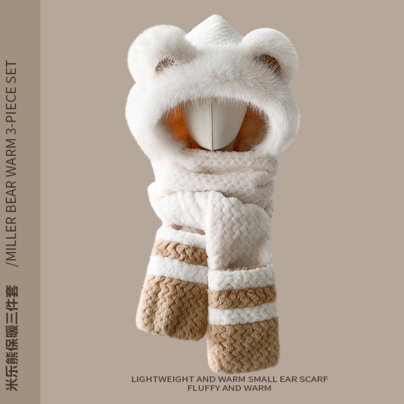 Topi Beruang Berlapis Fleece Syal Sarung Tangan Satu Potong Berkerudung