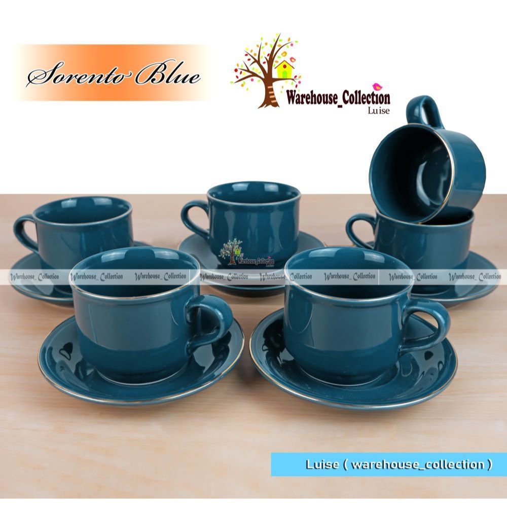 TERLARIS Cangkir Set warna list emas ( 6 cangkir + 6 tatakan) // Coffee Set SANGO keramik // Sango C