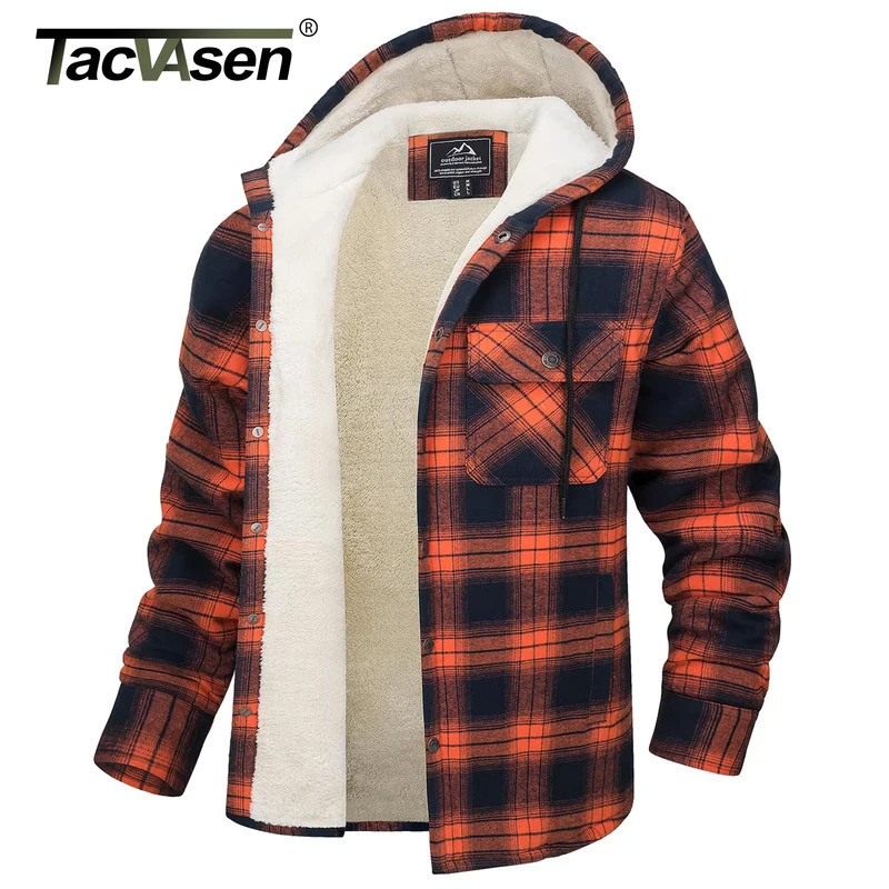Jacket TACVASEN Sherpa Lined Flannel Mens Heavyweight Hooded Fleece Thicken Warm Button Down Plaid O