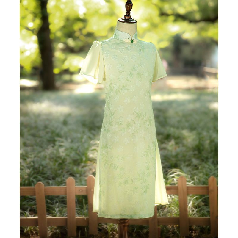 [COD]Peningkatan Cheongsam gadis-gadis hijau muda tipis gaun chiffon.