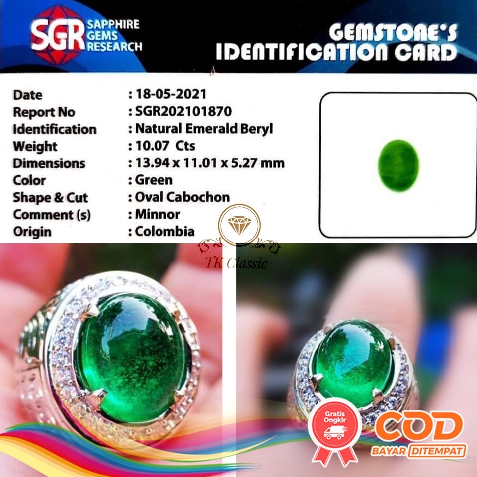 NATURAL BATU PERMATA EMERALD BERYL ZAMBRUD COLOMBIA KRISTAL + MEMO SGR GEMS LAB