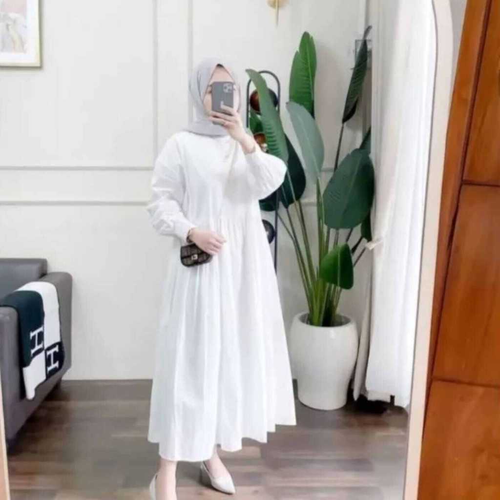 Midi Dress Elita/Baju Muslim/Gamis Remaja/Gamis Putih Polos Crinkle Airflow/Ukuran S M L XL/Korean S