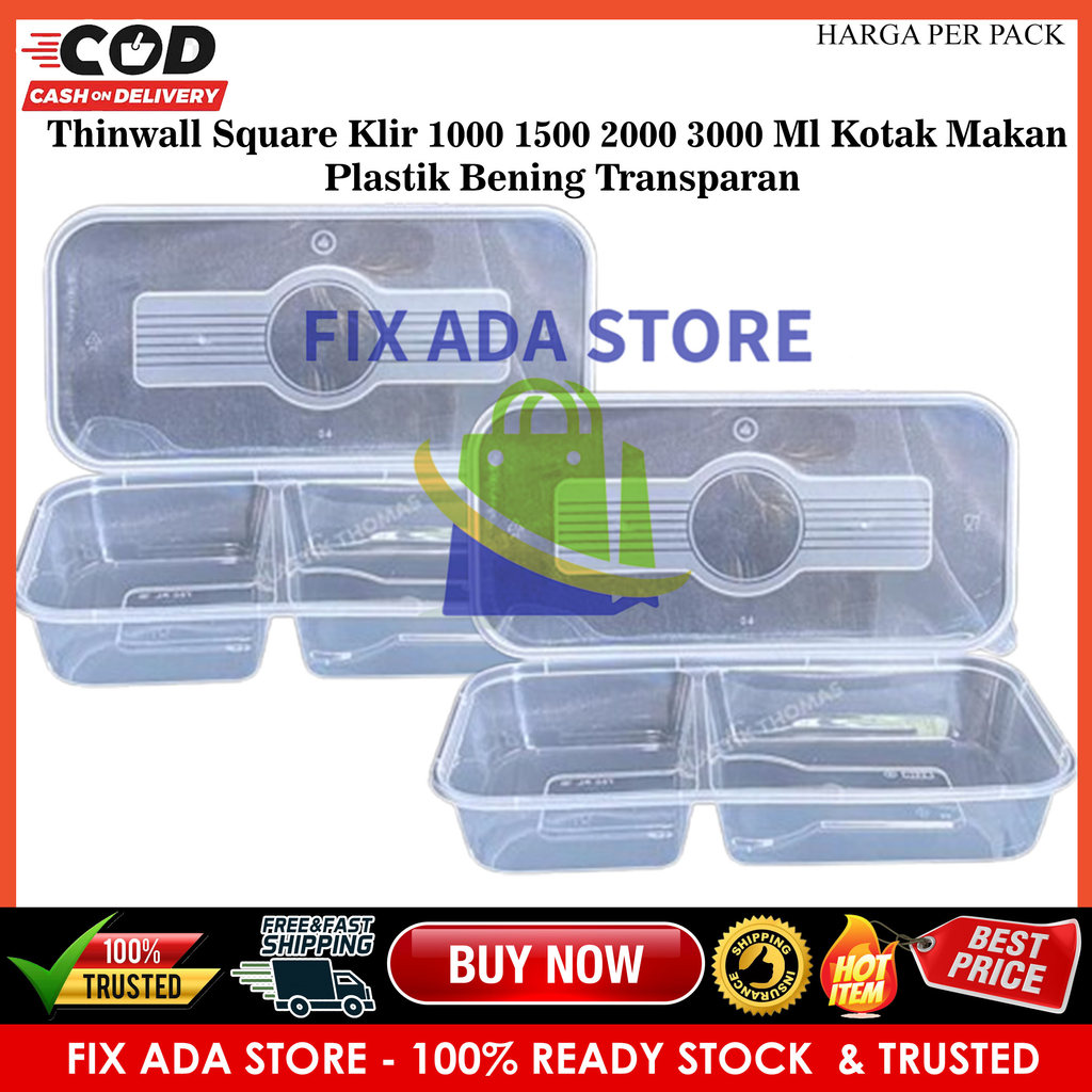 Thinwall Square Klir 1000 1500 2000 3000 Ml Wadah Plastik Bening Kotak Makan Besar Salad Buah Box Ku