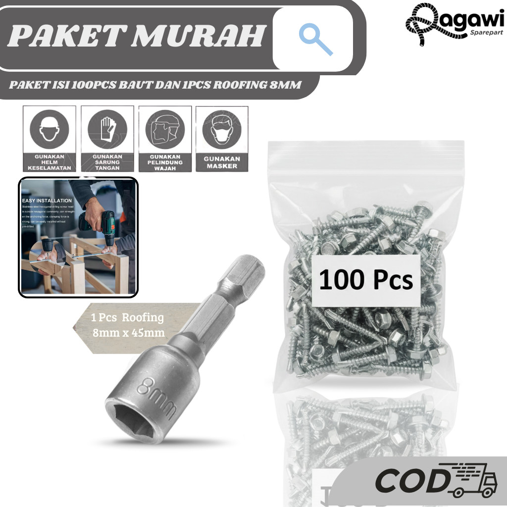 Paket Murah Baut Baja Ringan Roofing 1 Pack 100 Pcs Ukuran 10 x 16mm - Mata sok Kepala Bor Rufing Ba