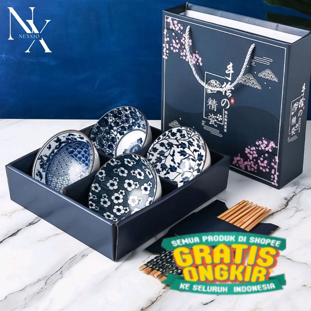 NEXXIO Mangkok Japanese Bowl Set / Souvenir Mangkok Set Premium Peralatan Makan Porselen / Hampers M