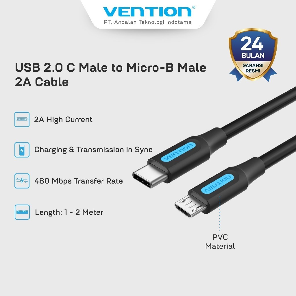 Vention Kabel Data Cable USB Type C to Micro B 2A 2A 480Mbps Flexible & Durable TPE 50CM 1M 1.5M 2M 