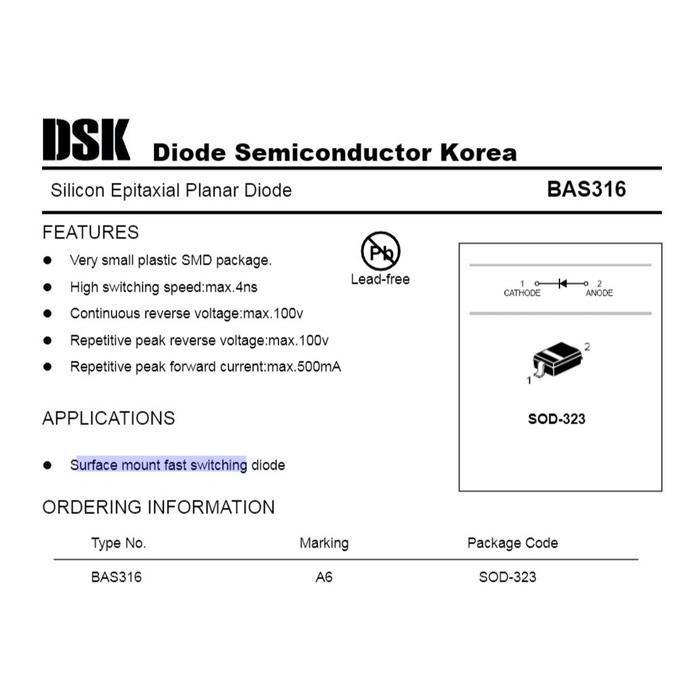Dioda BAS316 Surface Mount Fast Switching SMD SOD-323 4ns 100V 500mA - Harga per 50pcs