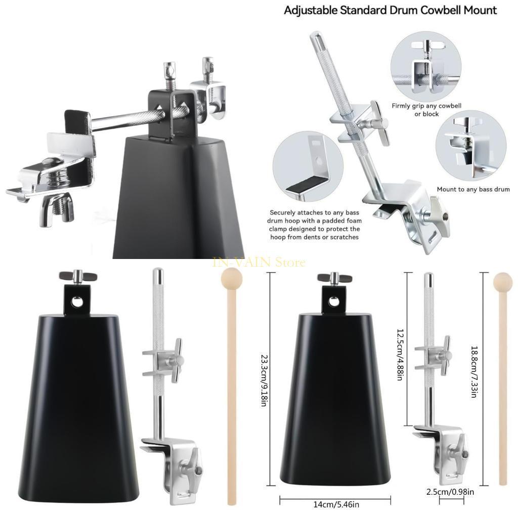 M5TC Cowbell Holder with Cowbell and Drumstick Adjustable Drum Cowbell Mount Clamps
