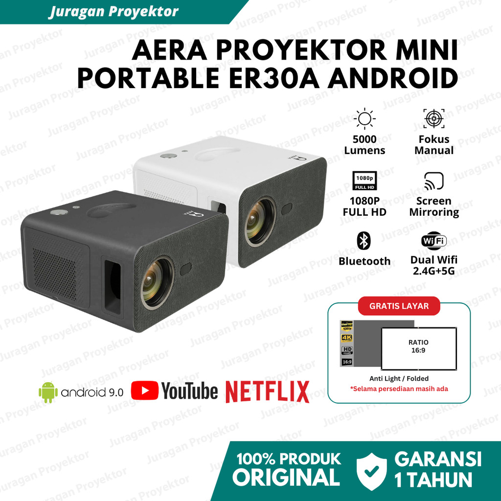 Aera Proyektor Android ER30A Proyektor Mini Portable Proyektor Persentasi Full HD 1080p Support 4K 5