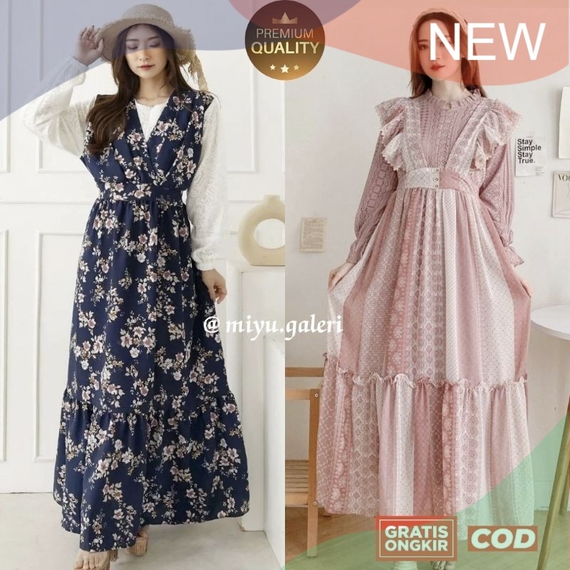 Korean Overall Dress Gamis Wolfis Hanami Ceruty Premium Import Quality mix Brukat Premium Motif Bung