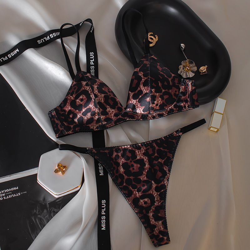 LadyAllure COD Set Bra Wanita Gaya Prancis Satin Leopard Tanpa Kawat Tipis Tanpa Jejak Anti Jatuh Ny