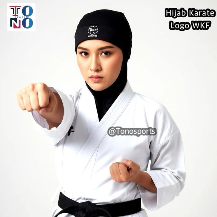 (Time Sport Store) HIJAB JILBAB KARATE LOGO WKF ANAK DEWASA SIZE S M L XL Bahan Lycra Rayon Tebal Ny