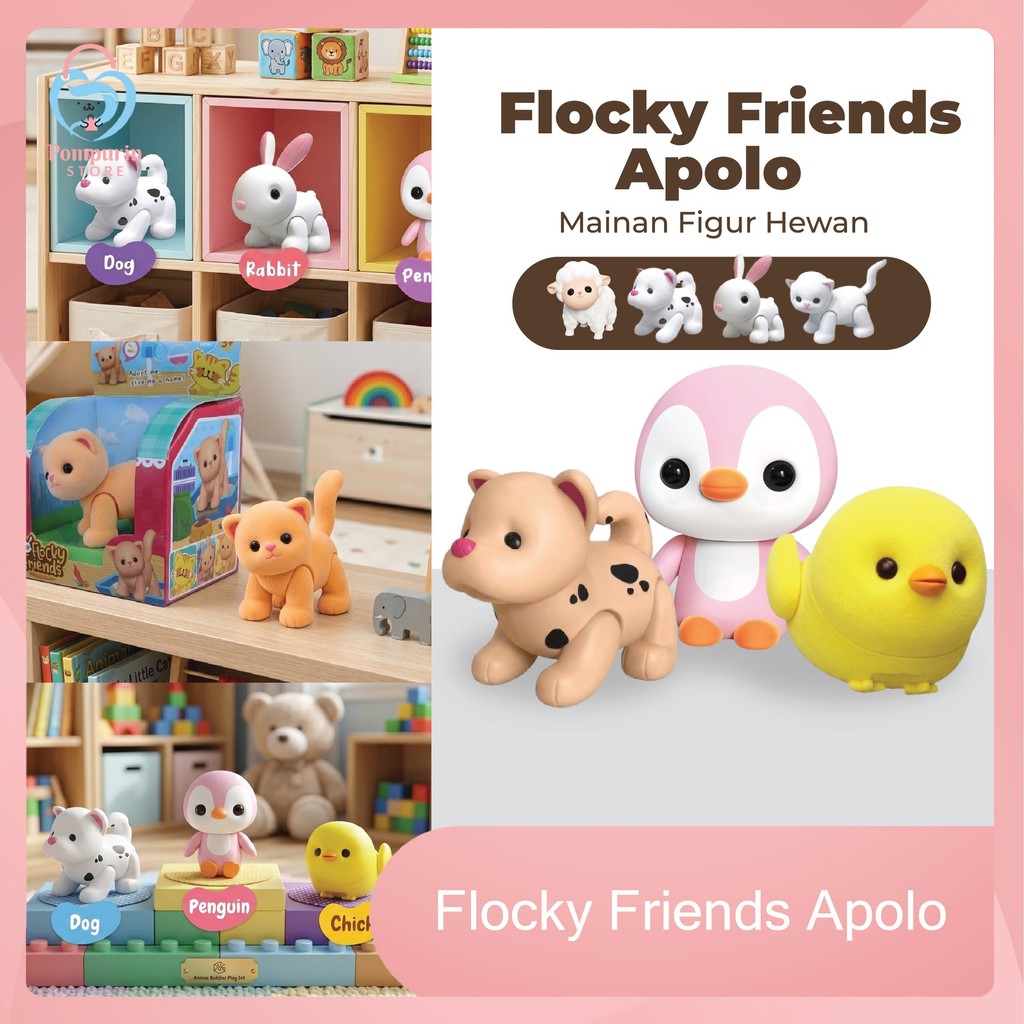 Flocky Friends Apolo - Rabbit / Cat / Dog / Penguin / Chick / Sheep / Mainan Figur Hewan lucu