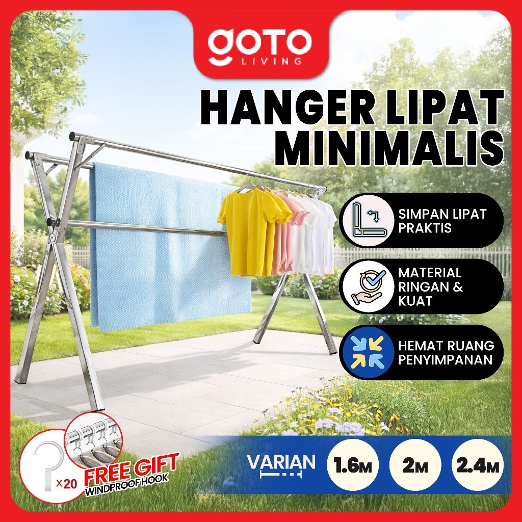 Goto [COD] Gantov Rak Jemuran Lipat Stainless Steel Stand Hanger Pakaian Handuk Portable