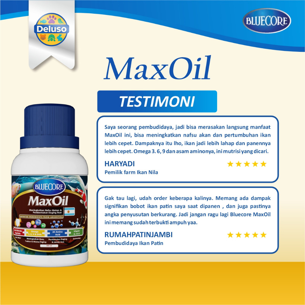 Bluecore MaxOil Vitamin Ikan Perangsang Nafsu Makan Suplemen Pakan Ikan Lele Nila Gurame Patin