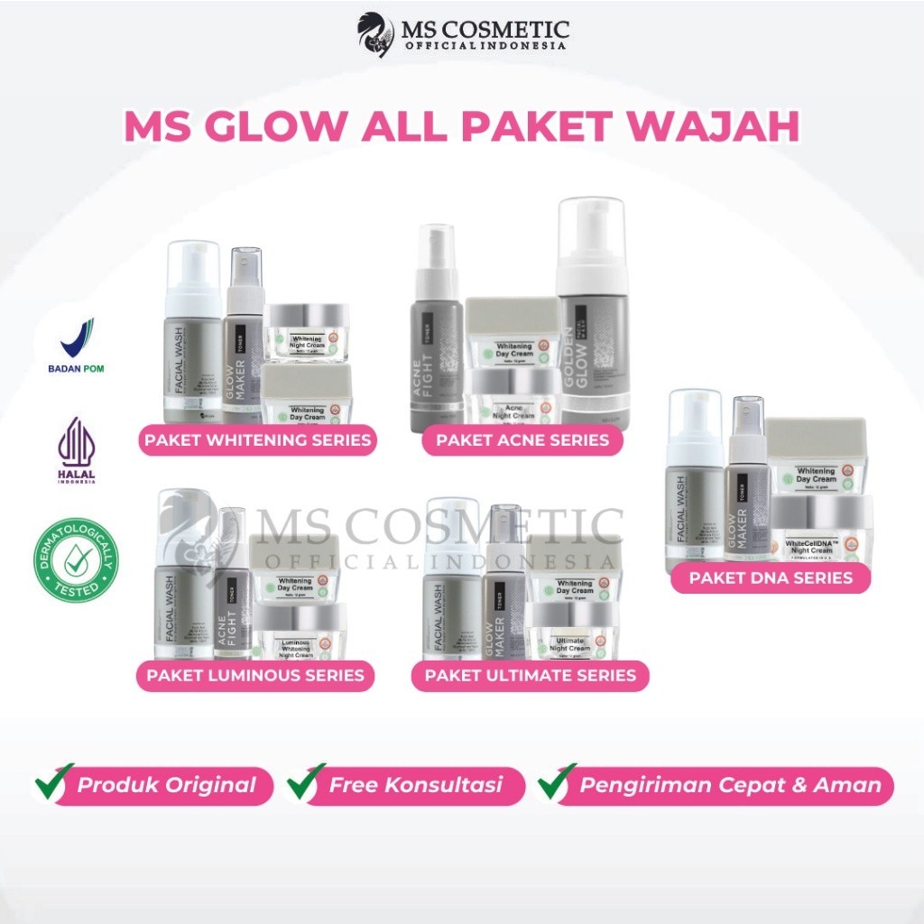 Ms Glow All Paket Wajah Whitening Memutihkan ber Jerawat Acne Ultimate Flek Luminous White Cell DNA 