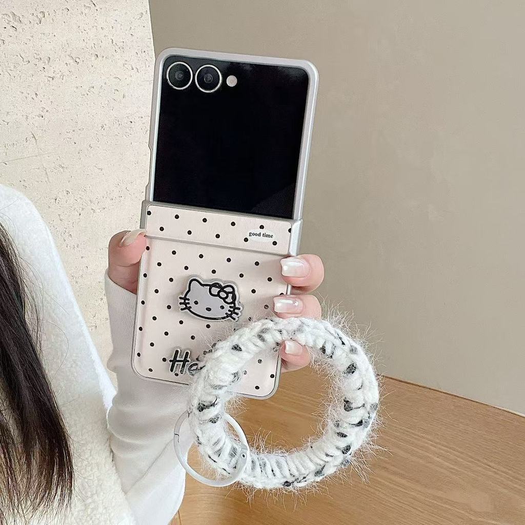 Casing Samsung Galaxy Z Flip7 Kulit Lucu Kartun Polkadot Kitty dengan Rantai Flip6 Samsung Z Flip5 C