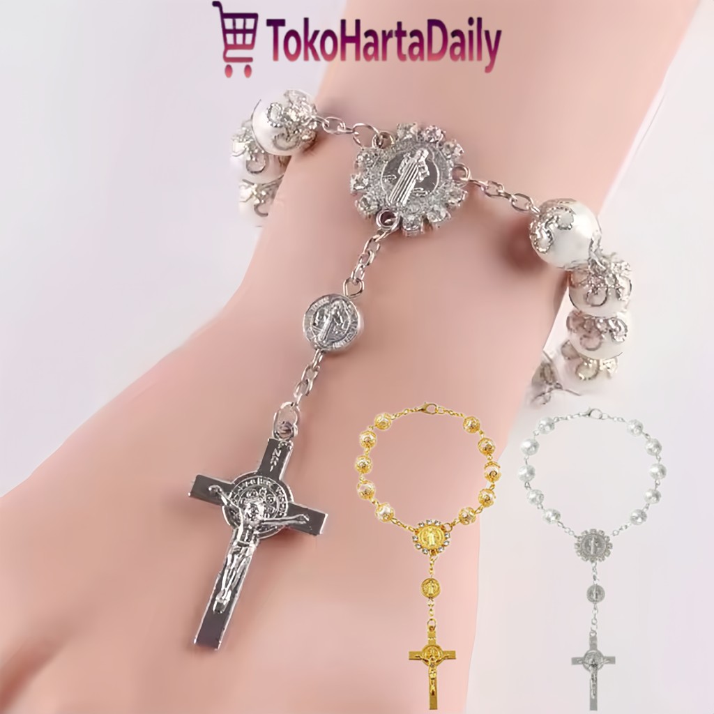 Gelang Rosario Katolik Mutiara Putih Elegan Salib Emas Aksesoris Doa Wanita Fashion Aesthetic