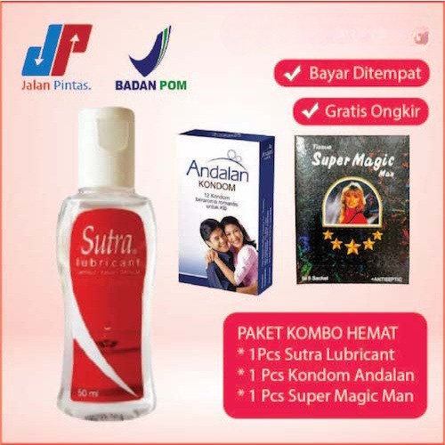 PAKET KOMBO HEMAT Sutra Lubricant 1x Botol + Kondom Andalan 1x Sachet + Tisu Super Magic 1x Sachet