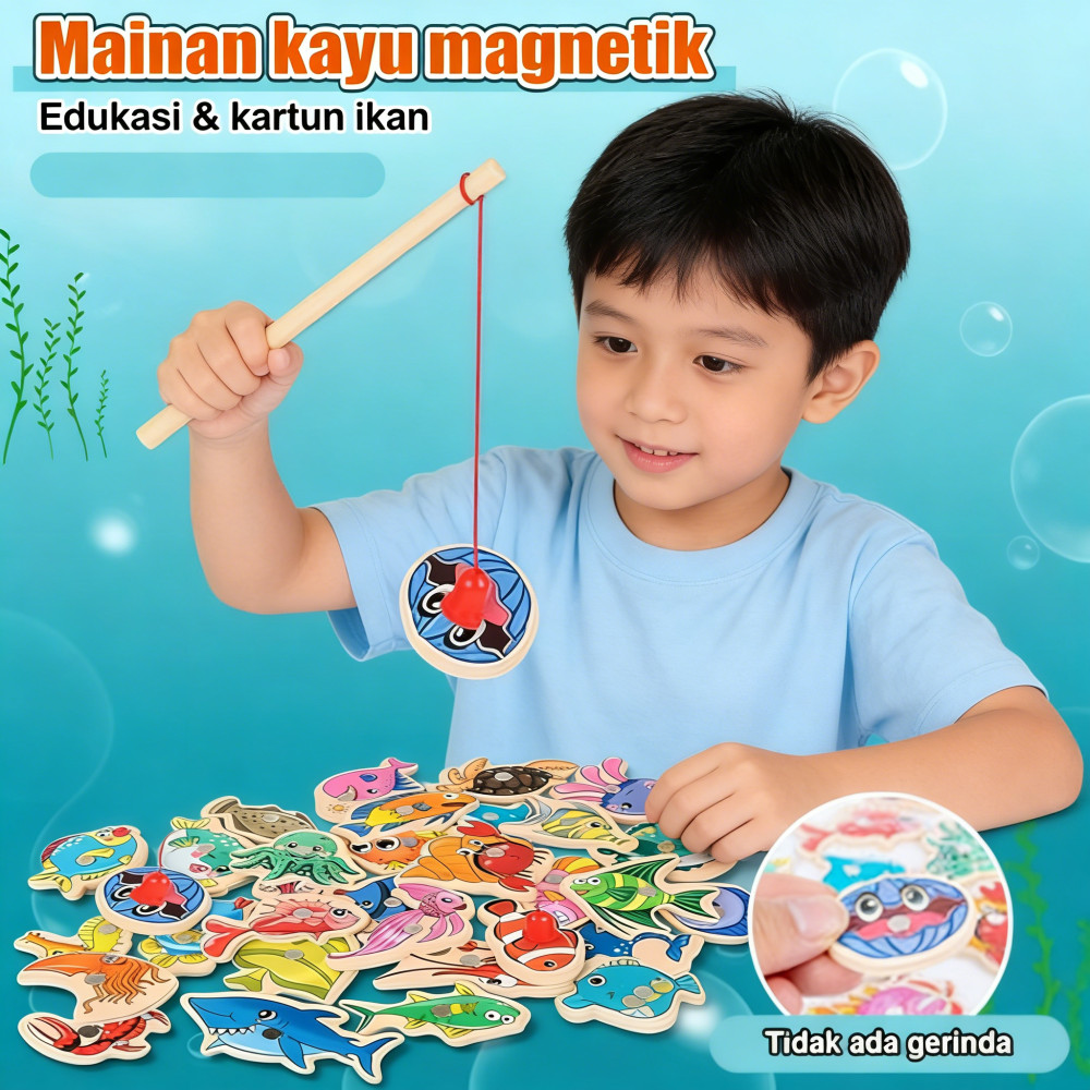 Pendidikan Anak 15/30 Buah Mainan Ikan Kayu Magnetik Kartun