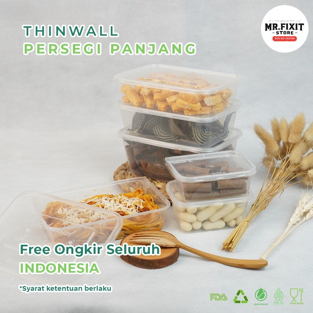 CR Thinwall Persegi Panjang + Tutup  500ml 650ml 750ml 1000ml Thinwall Wadah Makanan Kotak Rectangle