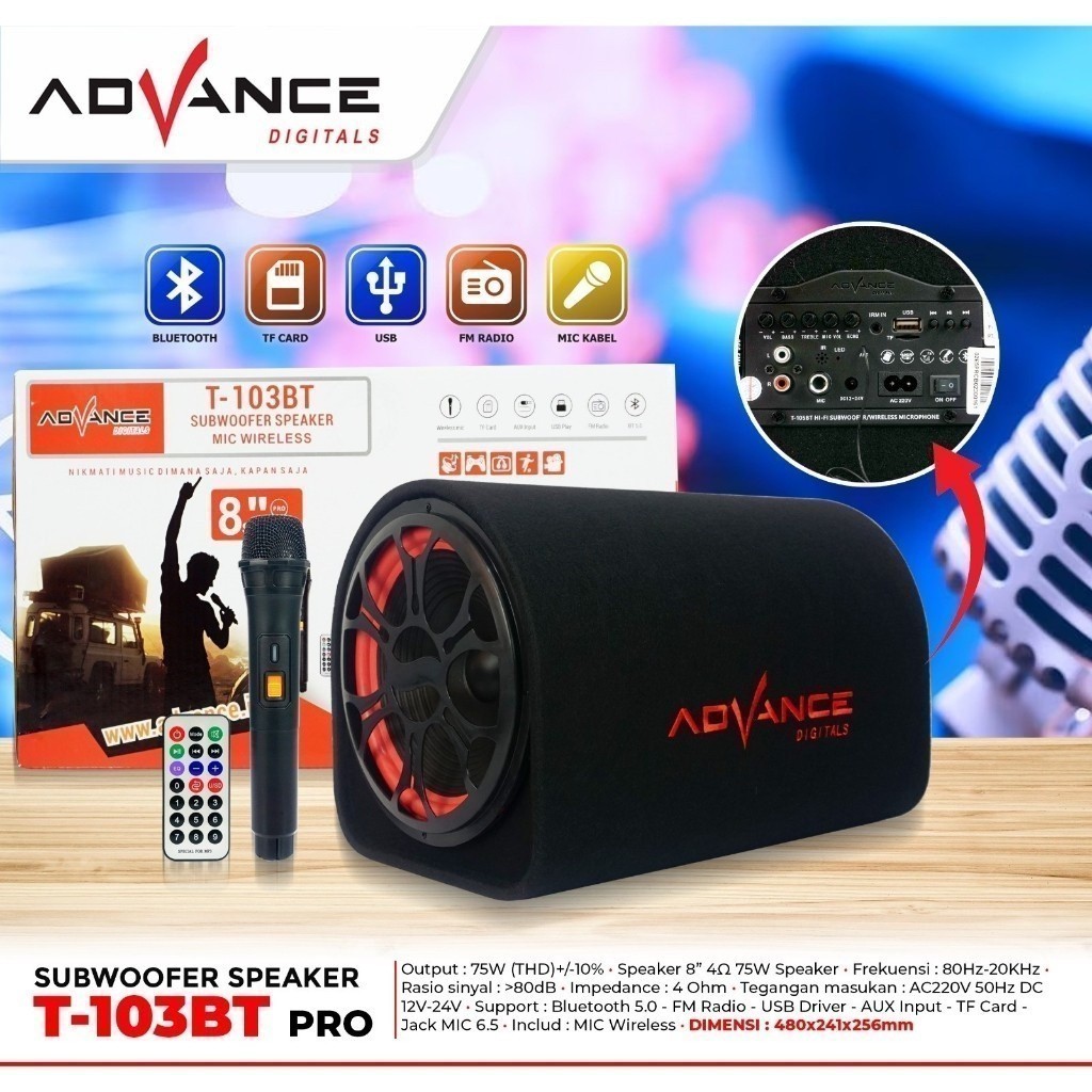 Speaker Advance Bluetooth T103BT /BTPRO + MIC Speaker 8 inch Advance