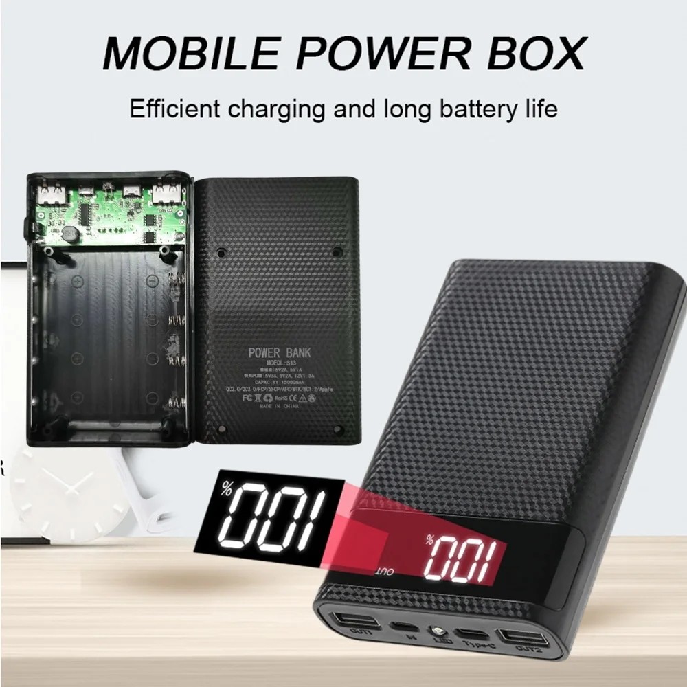 Power Bank Rakitan Manual DIY Case Box Wadah 4 Slot Baterai 18650 Flat Top Fast Charging QC4 PD3 LCD