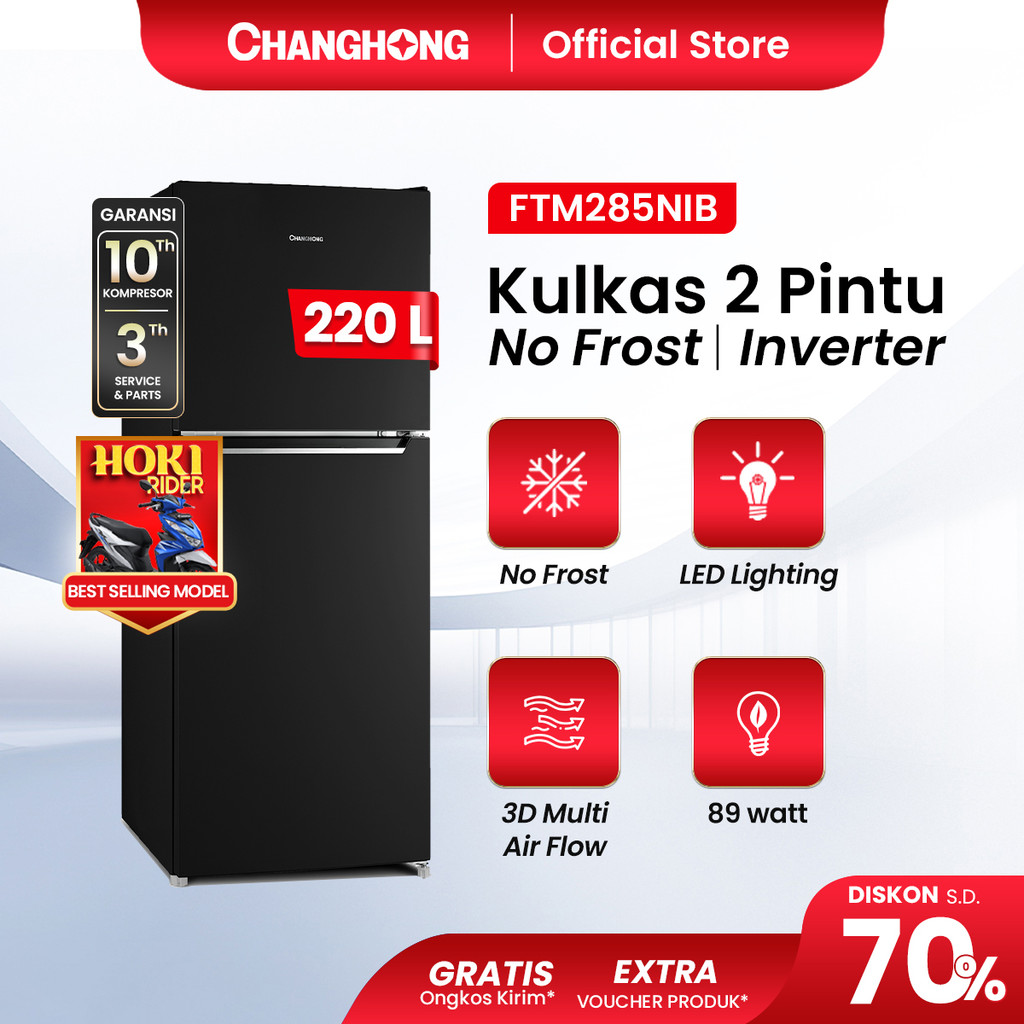 Changhong Kulkas 2 Pintu Inverter No Frost Refrigerator Kapasitas 220 Liter - FTM285NIB Black